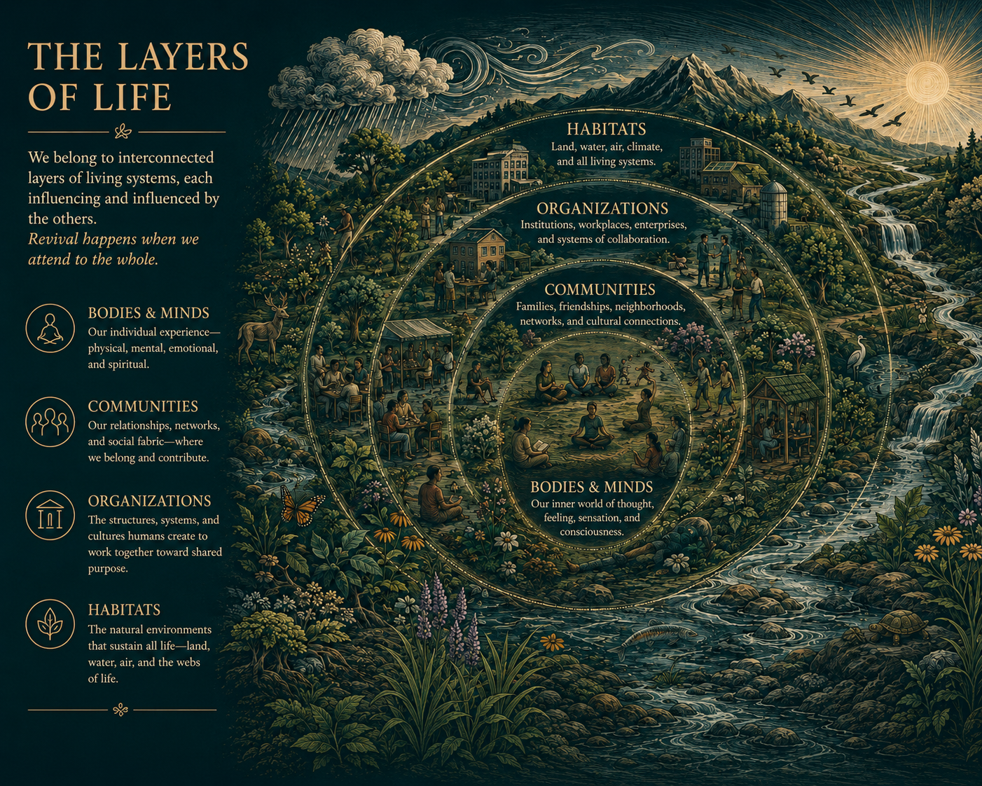 From individuals, to organizations, to the habitats they exist in, diagram of the landscape of revival and the layers of life.